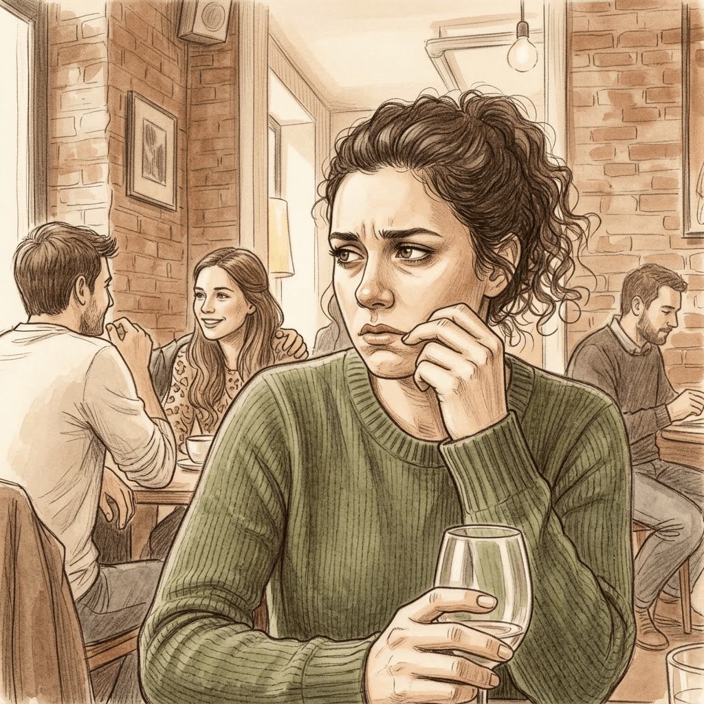 Woman with tearful eyes holding a glass in a café, appearing upset