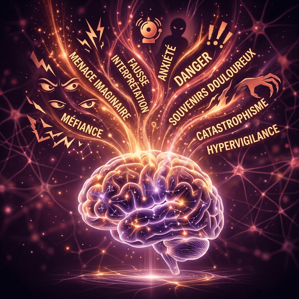 Glowing brain with colorful streams labeled with French cognitive concepts like créativité, mémoire, logique, solutions